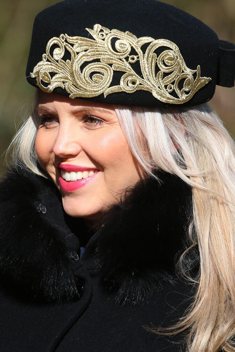 Pill Box style headpiece with gold embroidered detail