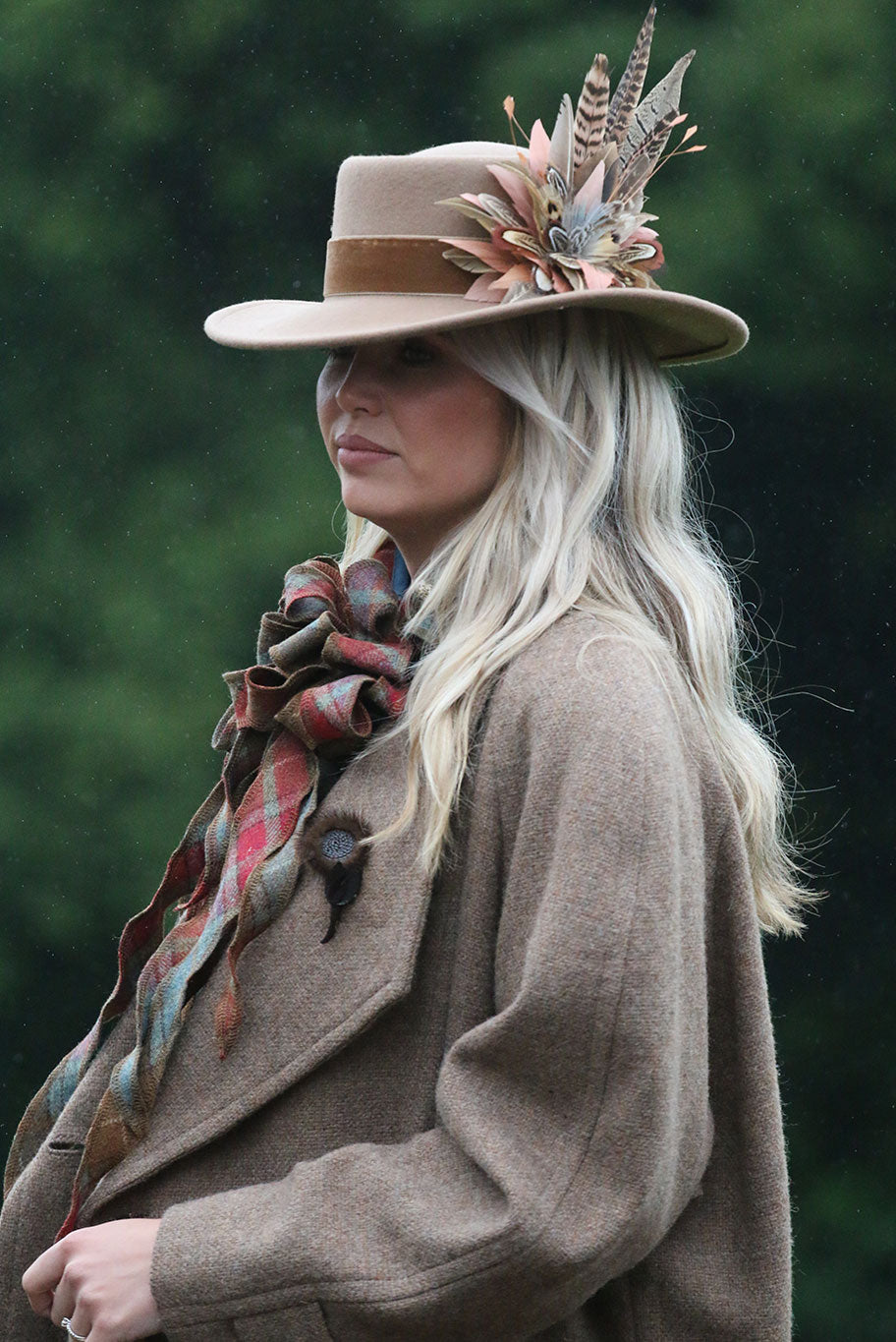 Fedora Wool Hat with Game Feather detail in camel