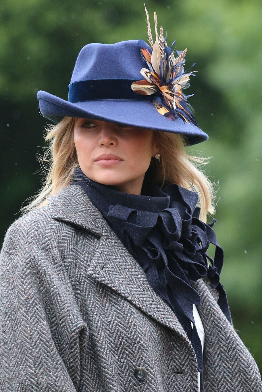 Side sweep Fedora Wool Hat with Game Feather detail in multi colours