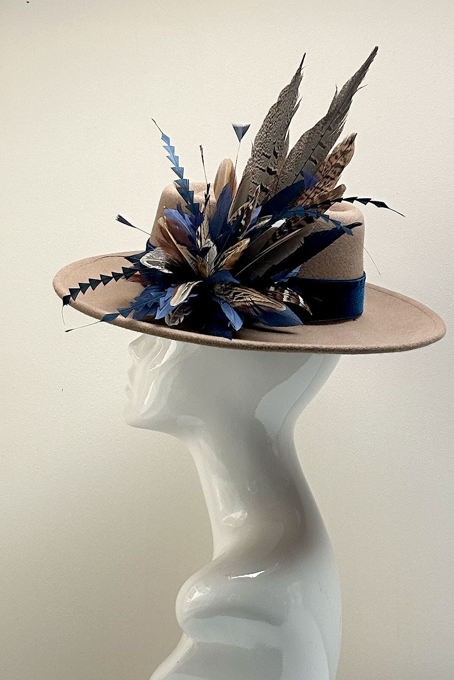 Bolero Style Fedora Wool Hat with Game Feather detail in camel