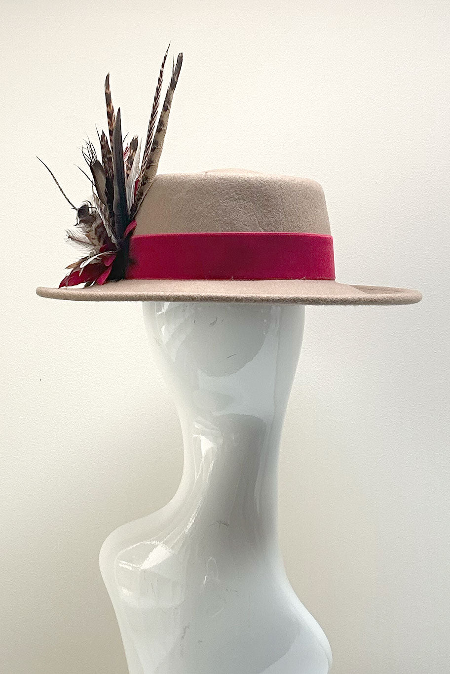 Bolero Style Fedora Wool Hat with Game Feather detail in camel