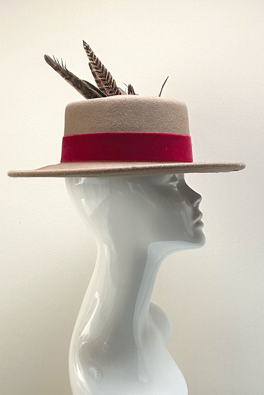 Bolero Style Fedora Wool Hat with Game Feather detail in camel