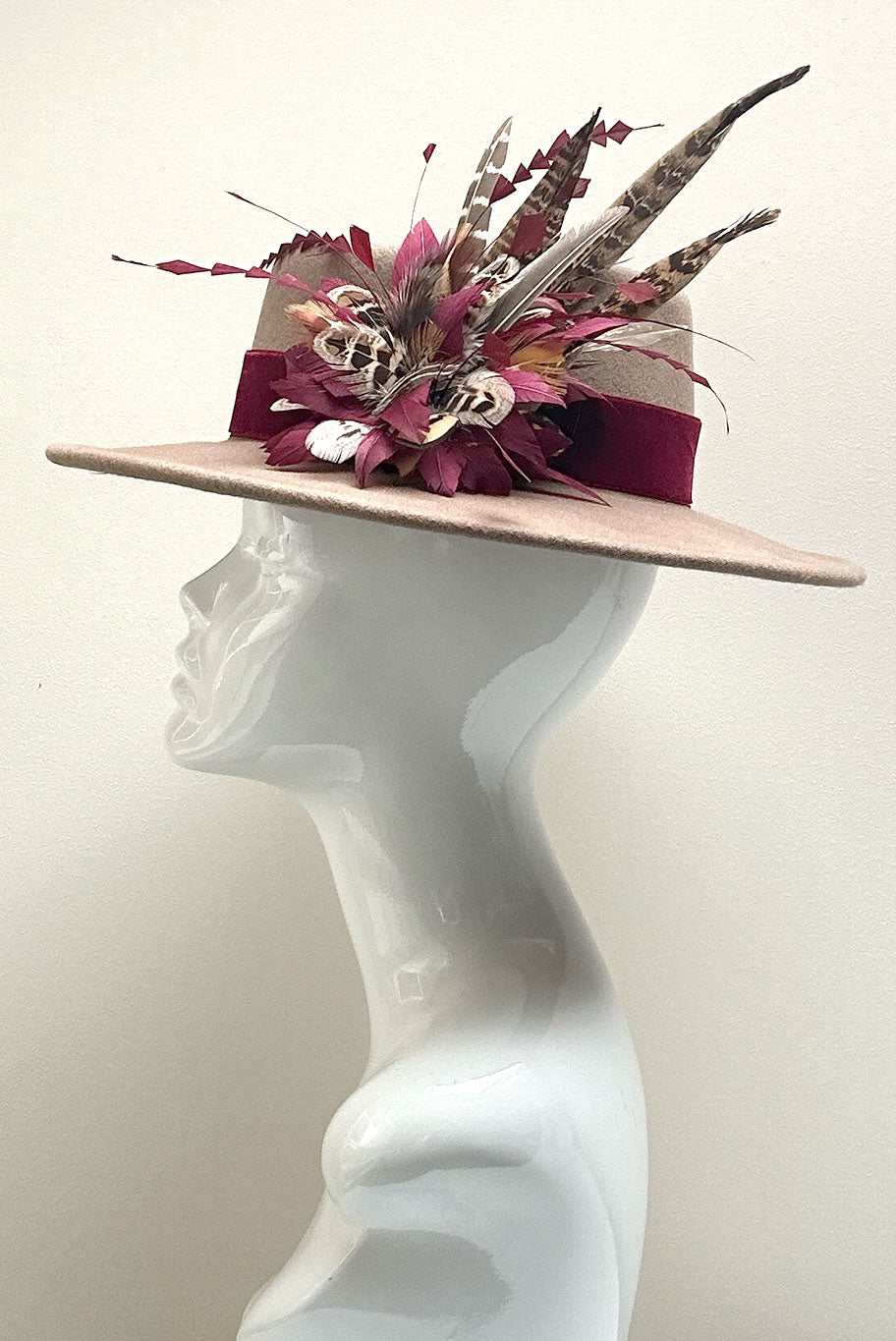 Bolero Style Fedora Wool Hat with Game Feather detail in camel