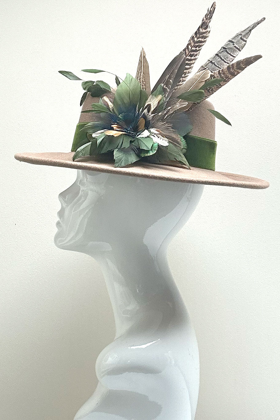 Bolero Style Fedora Wool Hat with Game Feather detail in camel