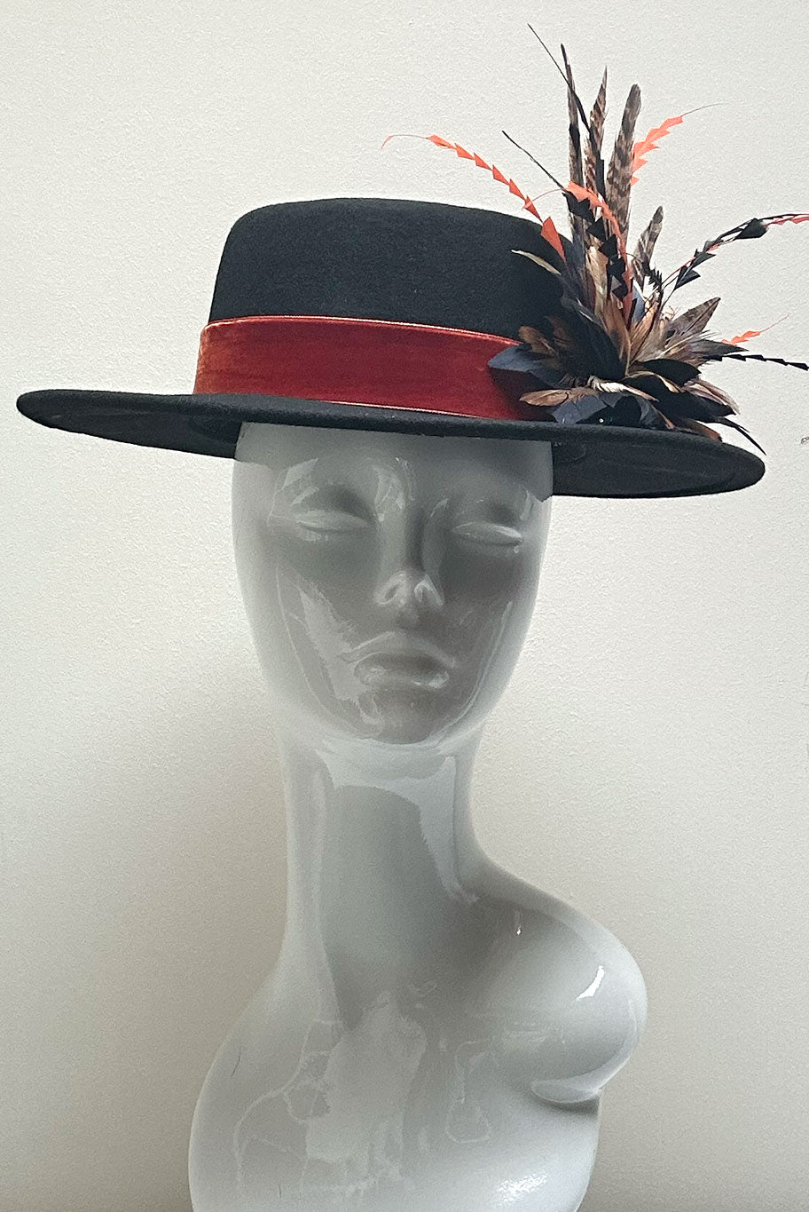Bolero Style Fedora Wool Hat with Game Feather detail in black