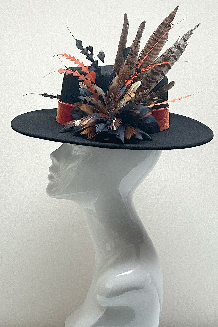 Bolero Style Fedora Wool Hat with Game Feather detail in black