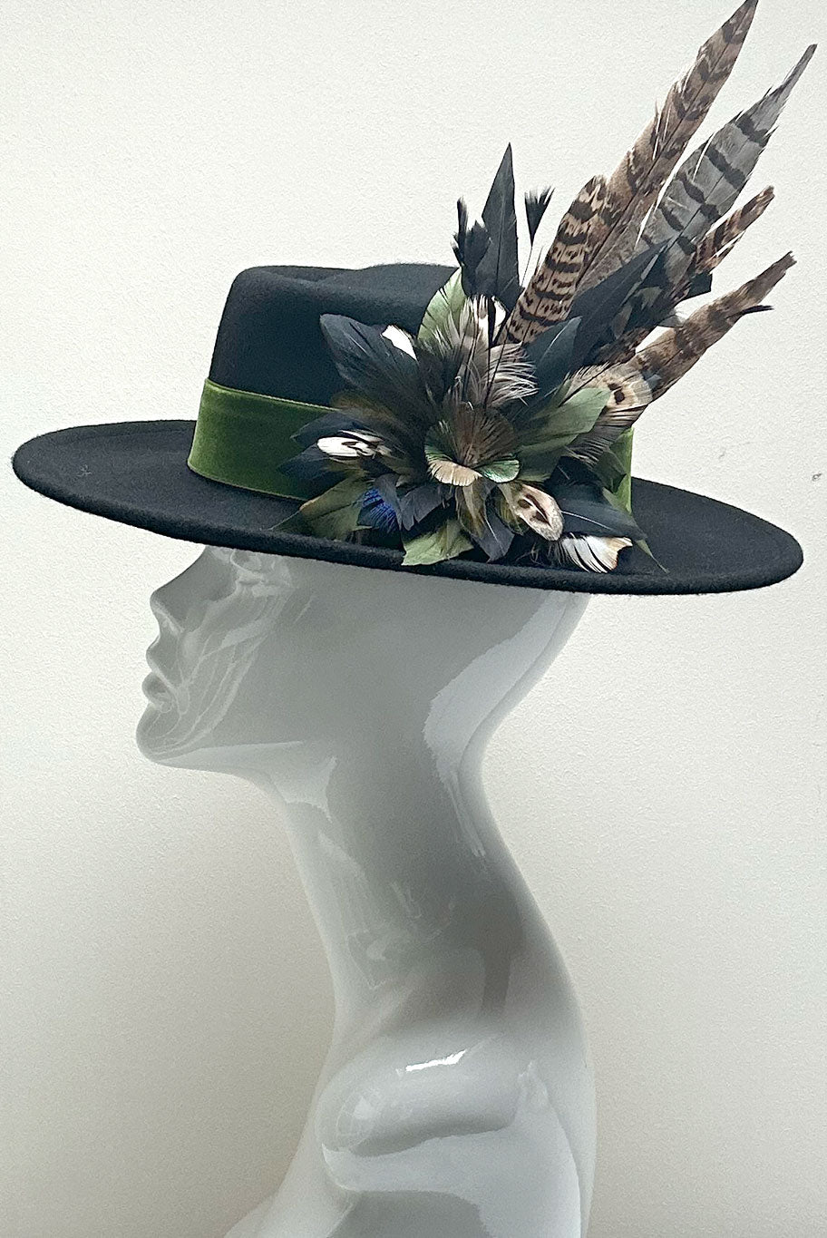 Bolero Style Fedora Wool Hat with Game Feather detail in black