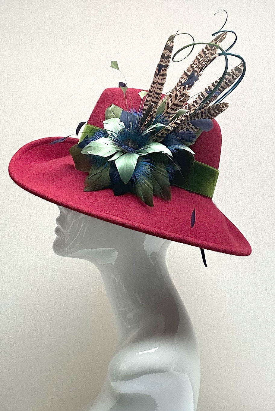 Side sweep Fedora Wool Hat with Game Feather detail in multi colours