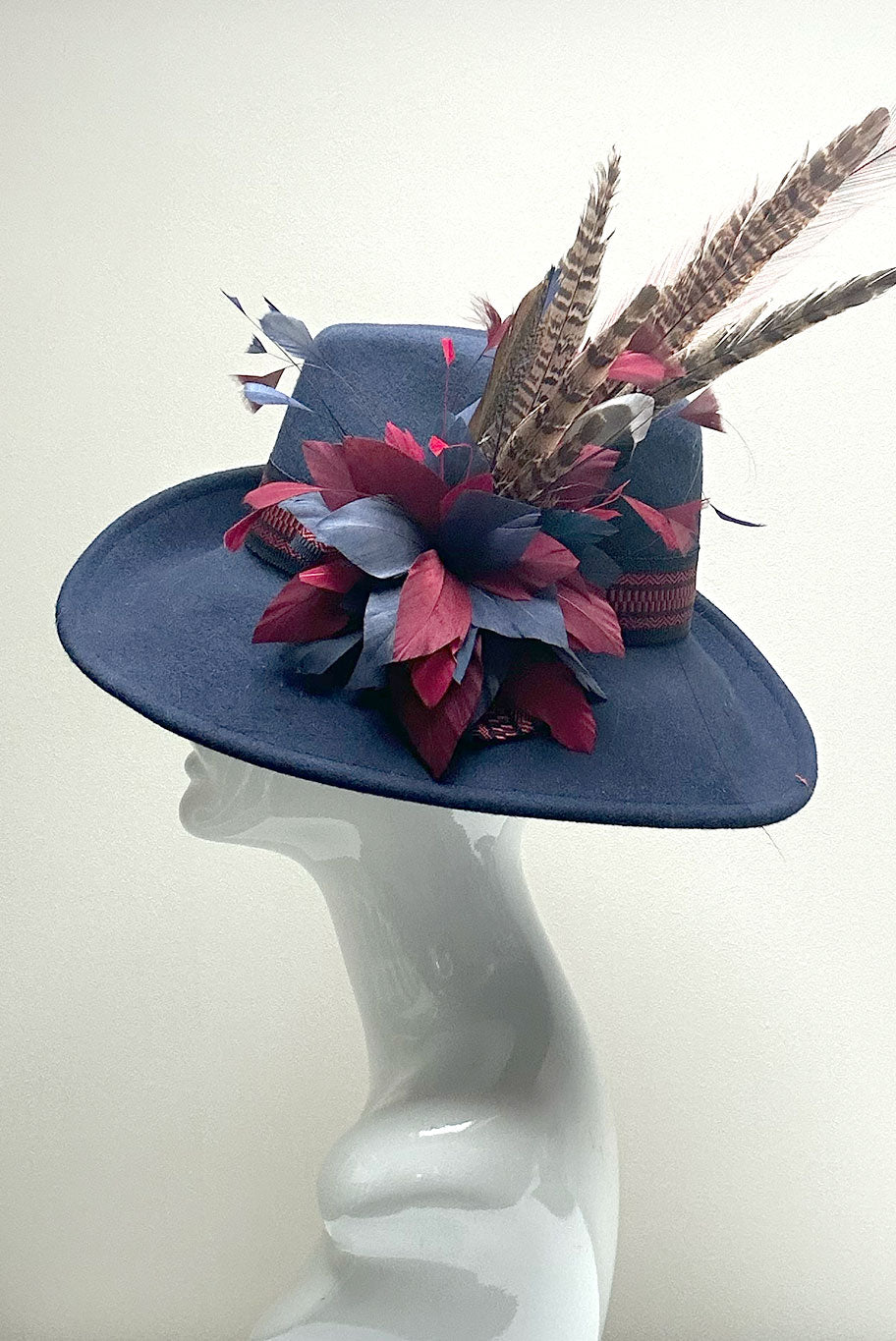 Side sweep Fedora Wool Hat with Game Feather detail in multi colours