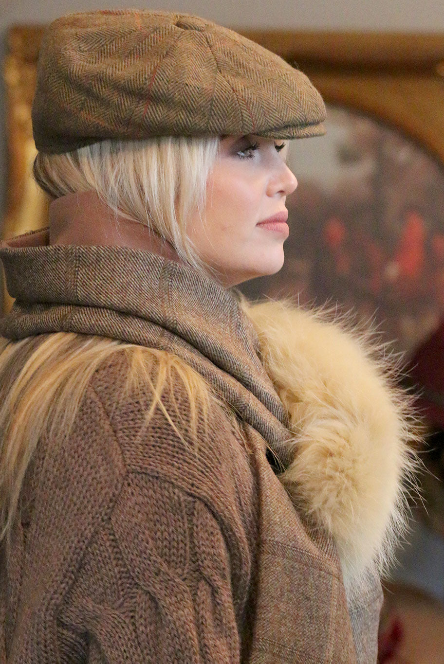 Lovat Tweed and Cashmere mix Cross over with vintage fur detail