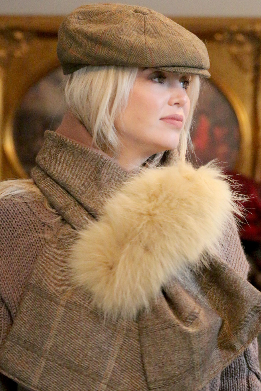 Lovat Tweed and Cashmere mix Cross over with vintage fur detail