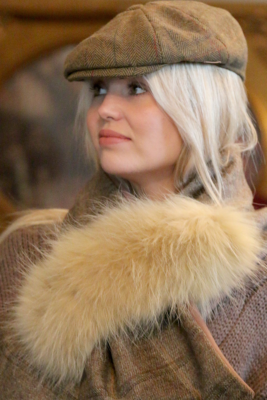 Lovat Tweed and Cashmere mix Cross over with vintage fur detail