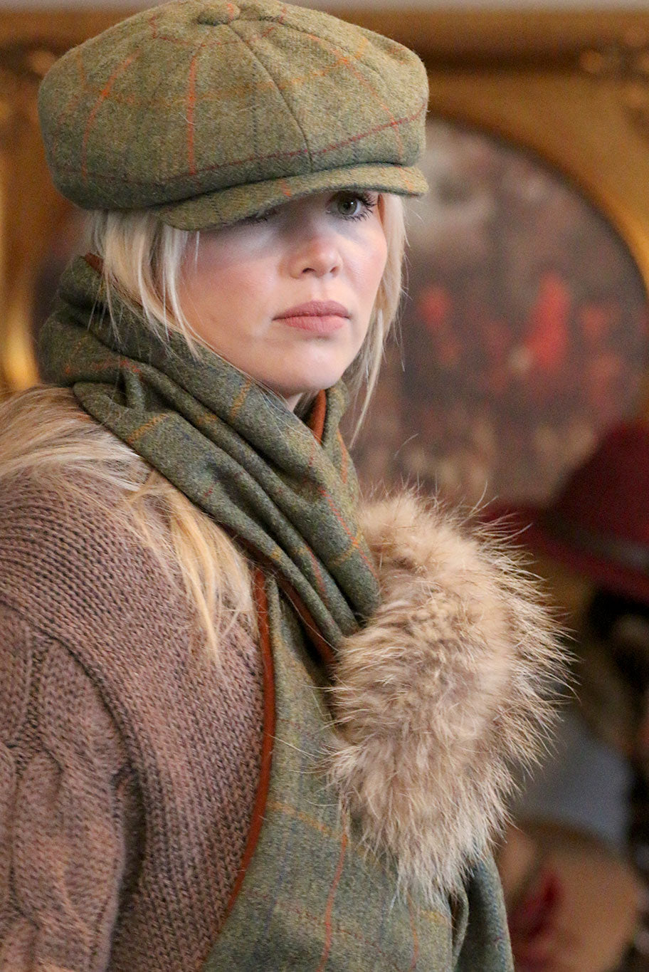Lovat Tweed and Cashmere mix Cross over with vintage fur detail