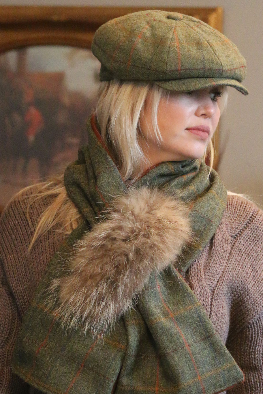 Lovat Tweed and Cashmere mix Cross over with vintage fur detail