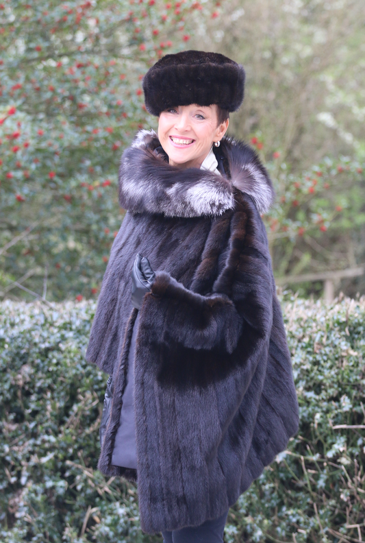 Mink cape with fox fur collar