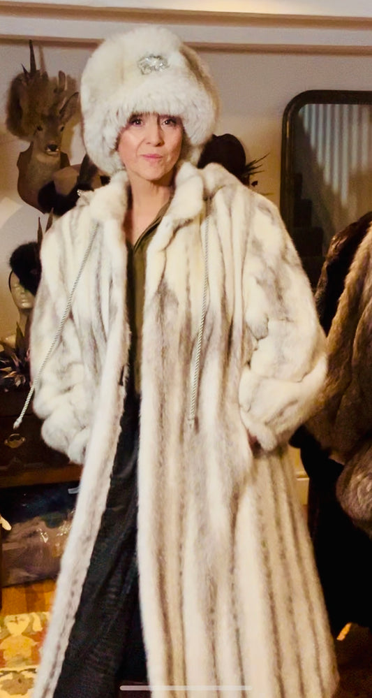 Crosspelt hooded mink coat