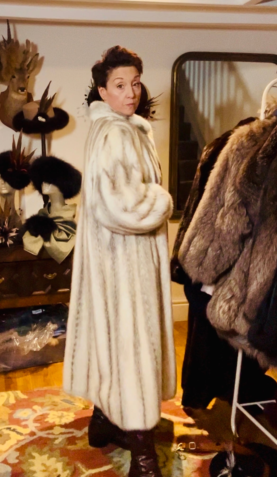 Crosspelt hooded mink coat