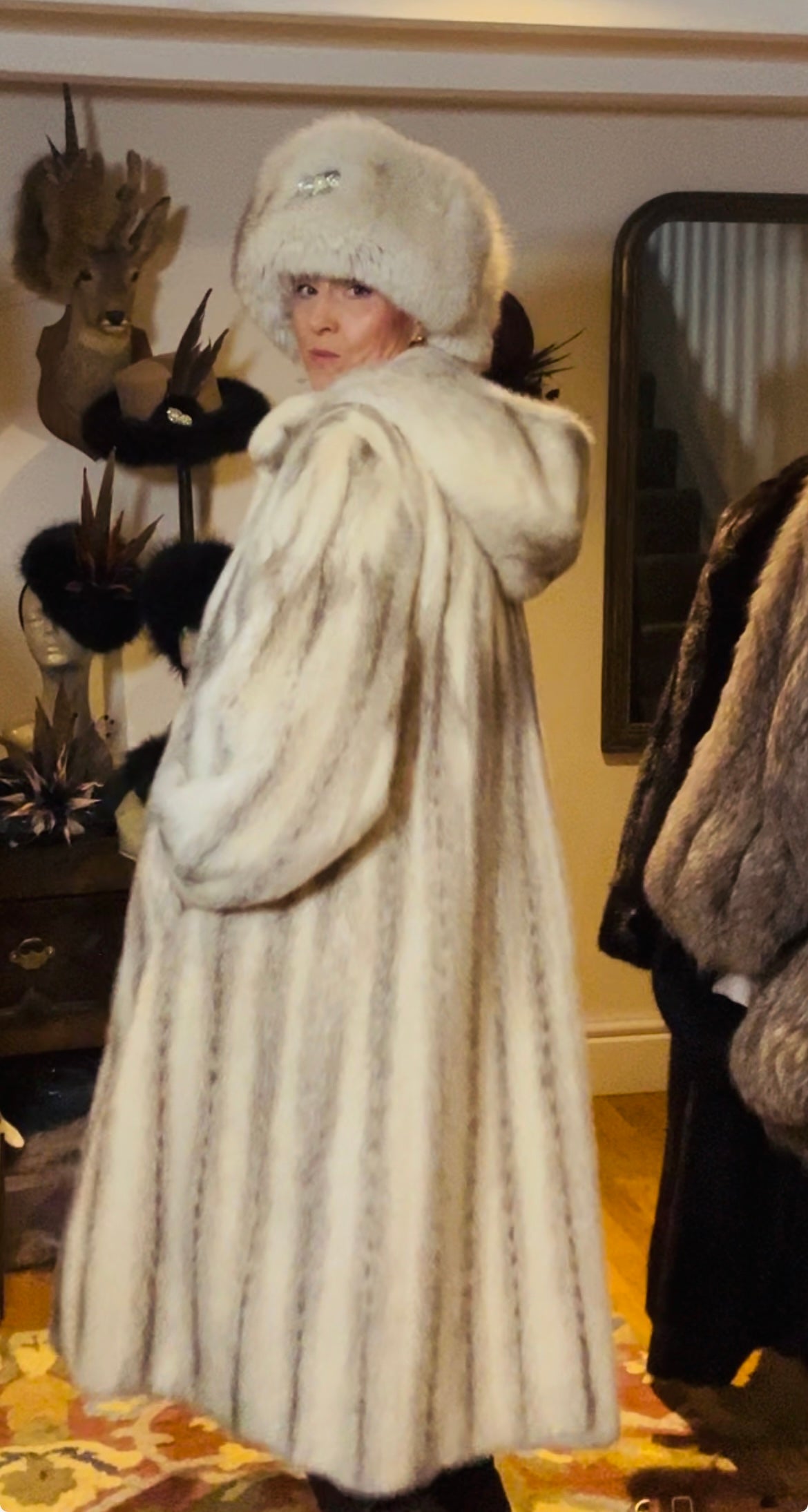 Crosspelt hooded mink coat