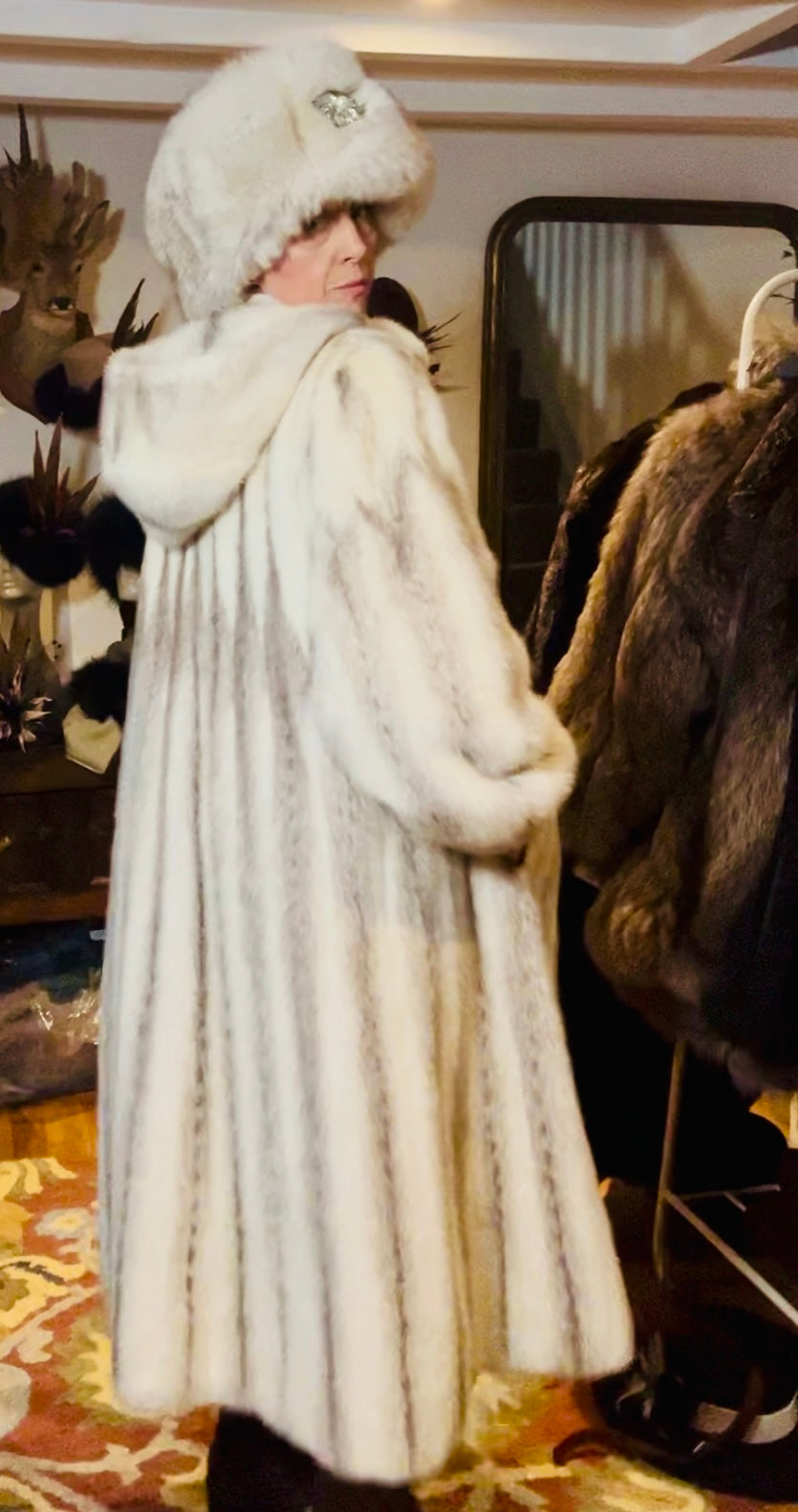 Crosspelt hooded mink coat