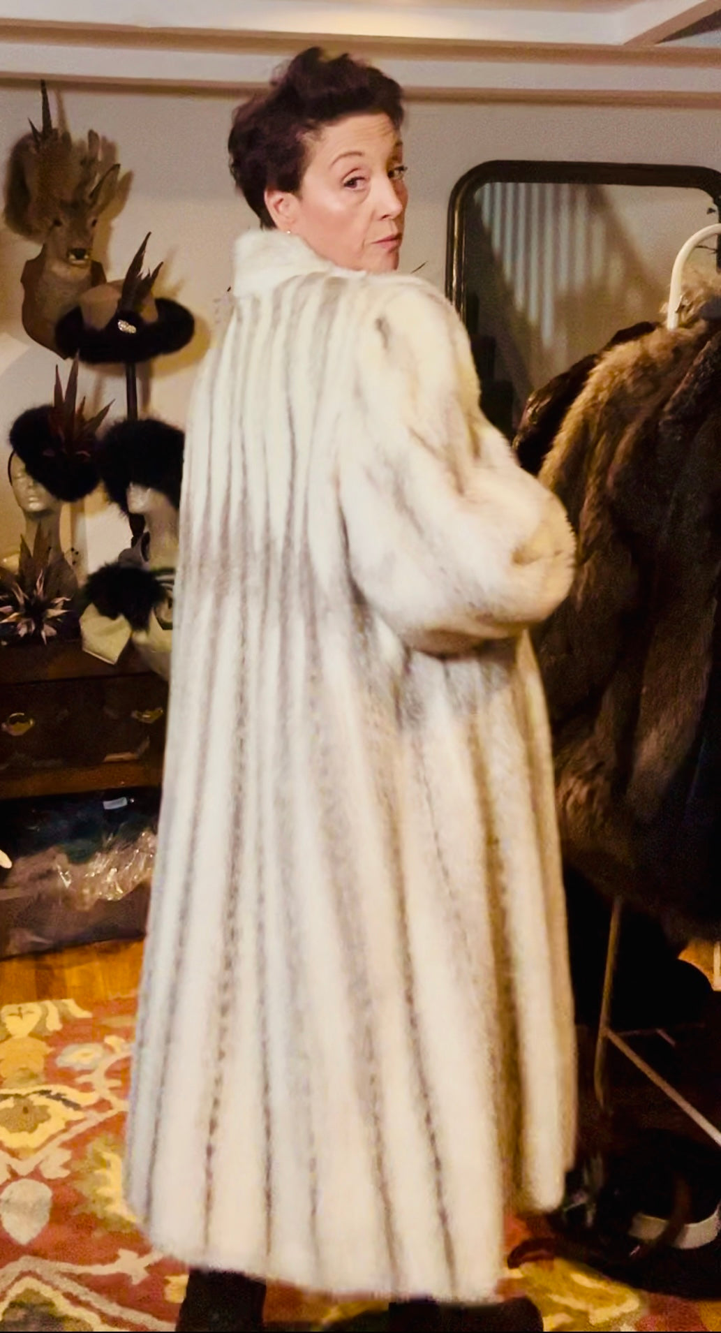 Crosspelt hooded mink coat