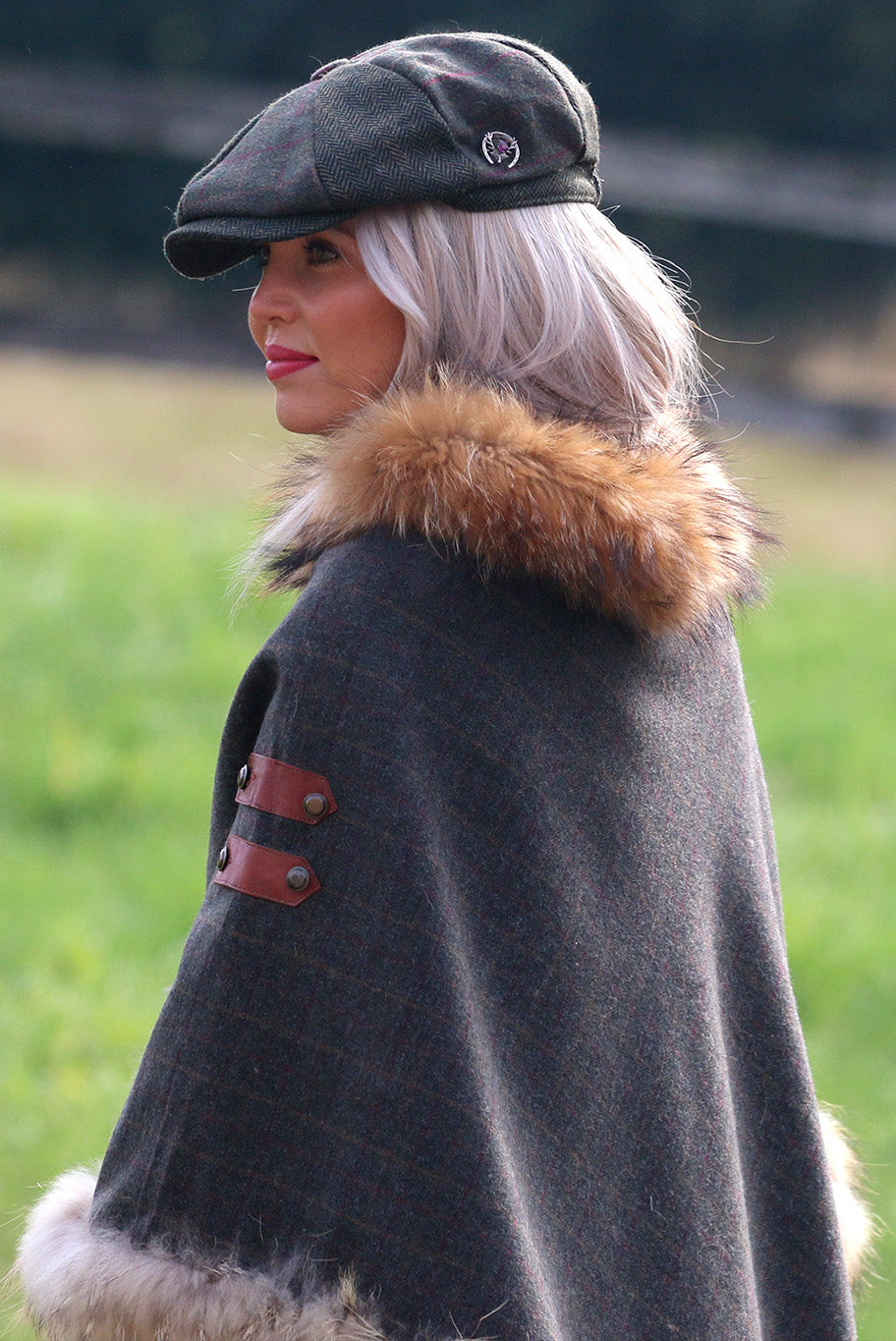 Classic Poncho style cape with reworked natural full fur trim