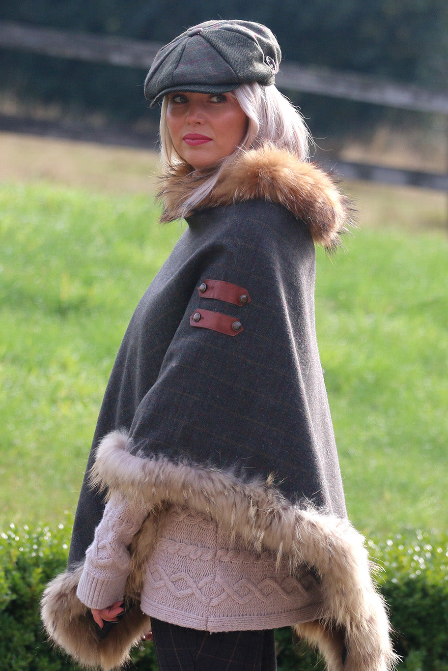 Classic Poncho style cape with reworked natural full fur trim