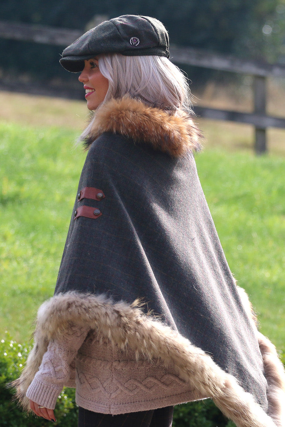 Classic Poncho style cape with reworked natural full fur trim