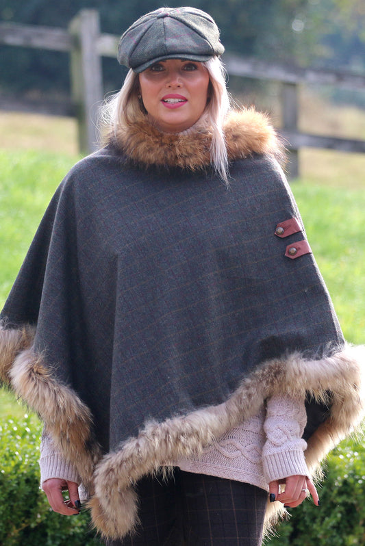 Classic Poncho style cape with reworked natural full fur trim