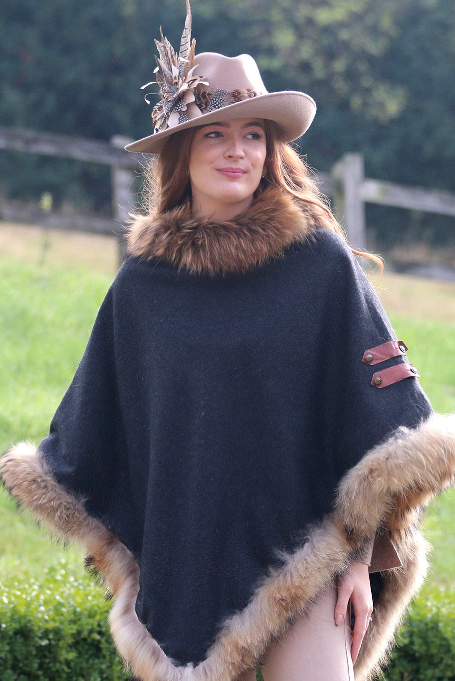 Classic Poncho style cape with reworked natural full fur trim