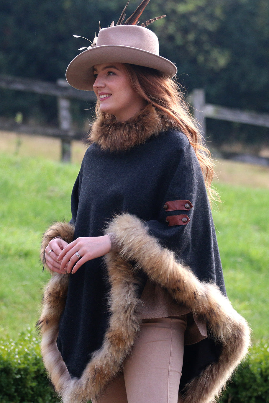 Classic Poncho style cape with reworked natural full fur trim