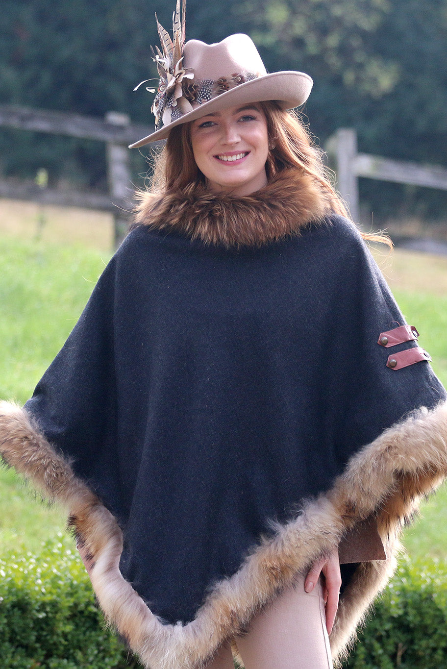 Classic Poncho style cape with reworked natural full fur trim