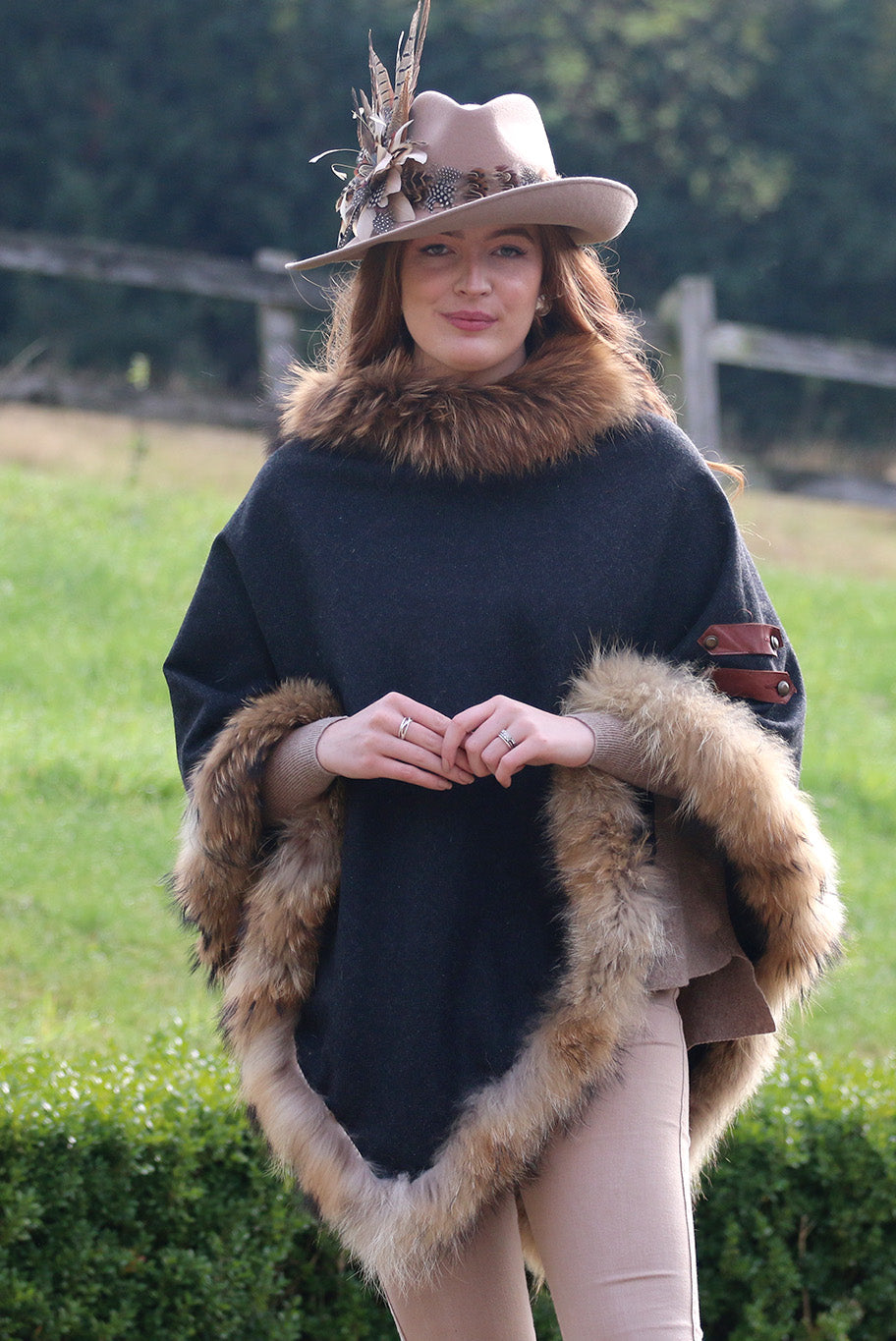 Classic Poncho style cape with reworked natural full fur trim