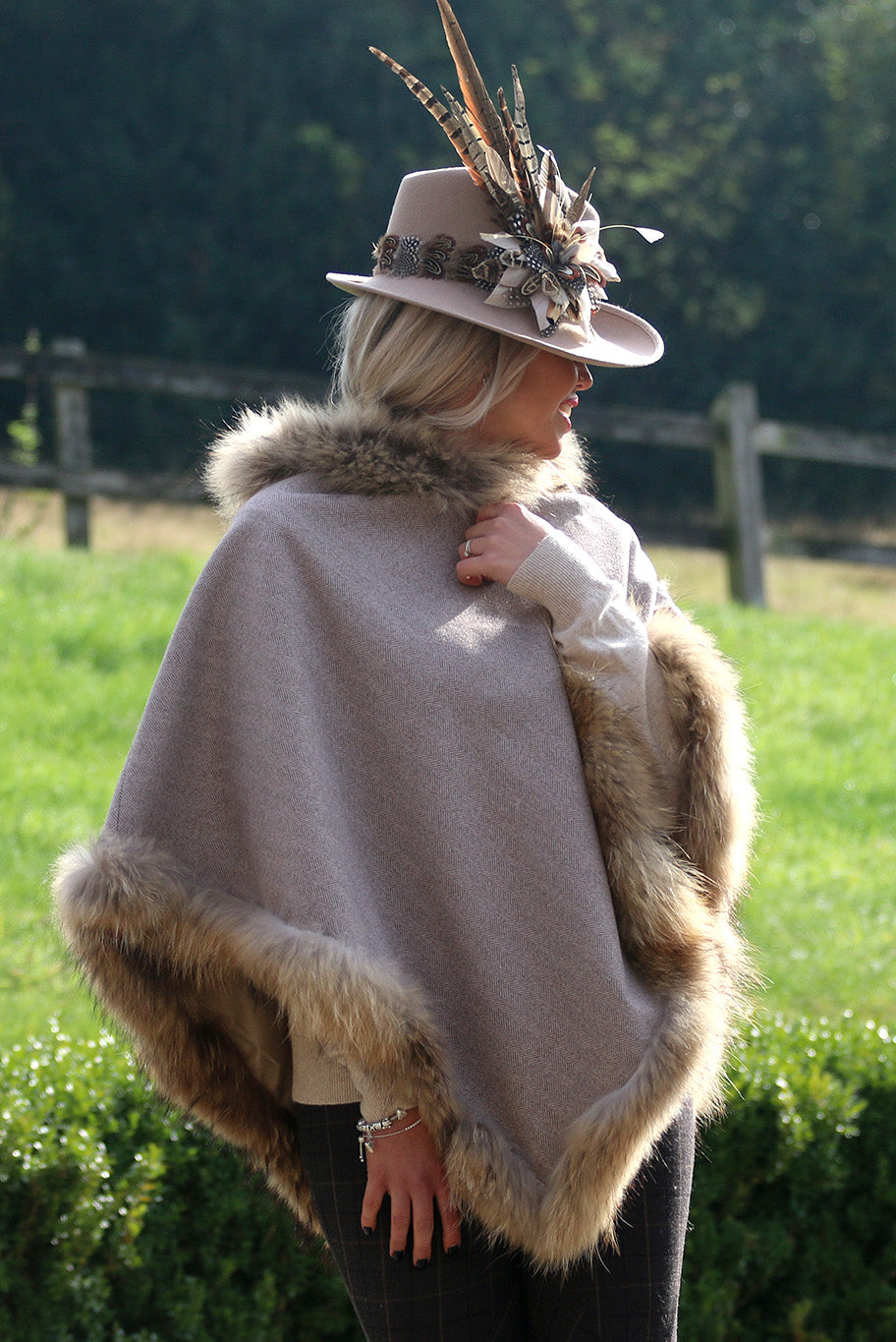 Classic Poncho style cape with reworked natural full fur trim