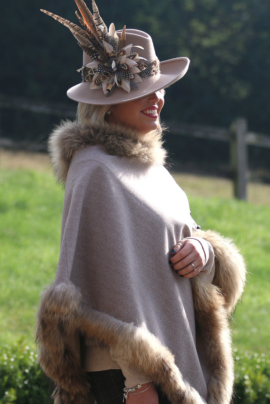 Classic Poncho style cape with reworked natural full fur trim