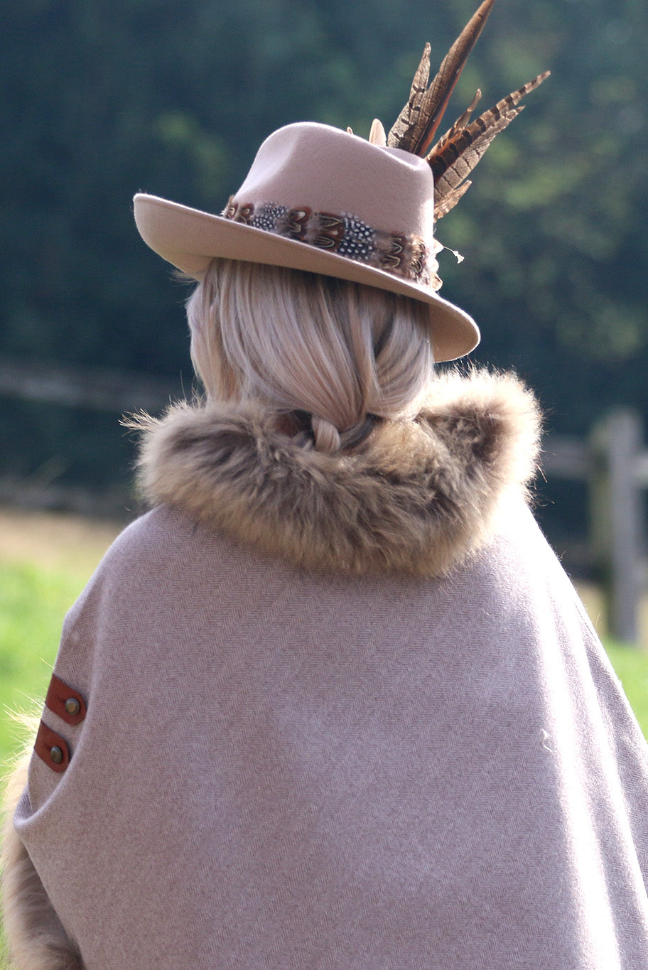 Classic Poncho style cape with reworked natural full fur trim