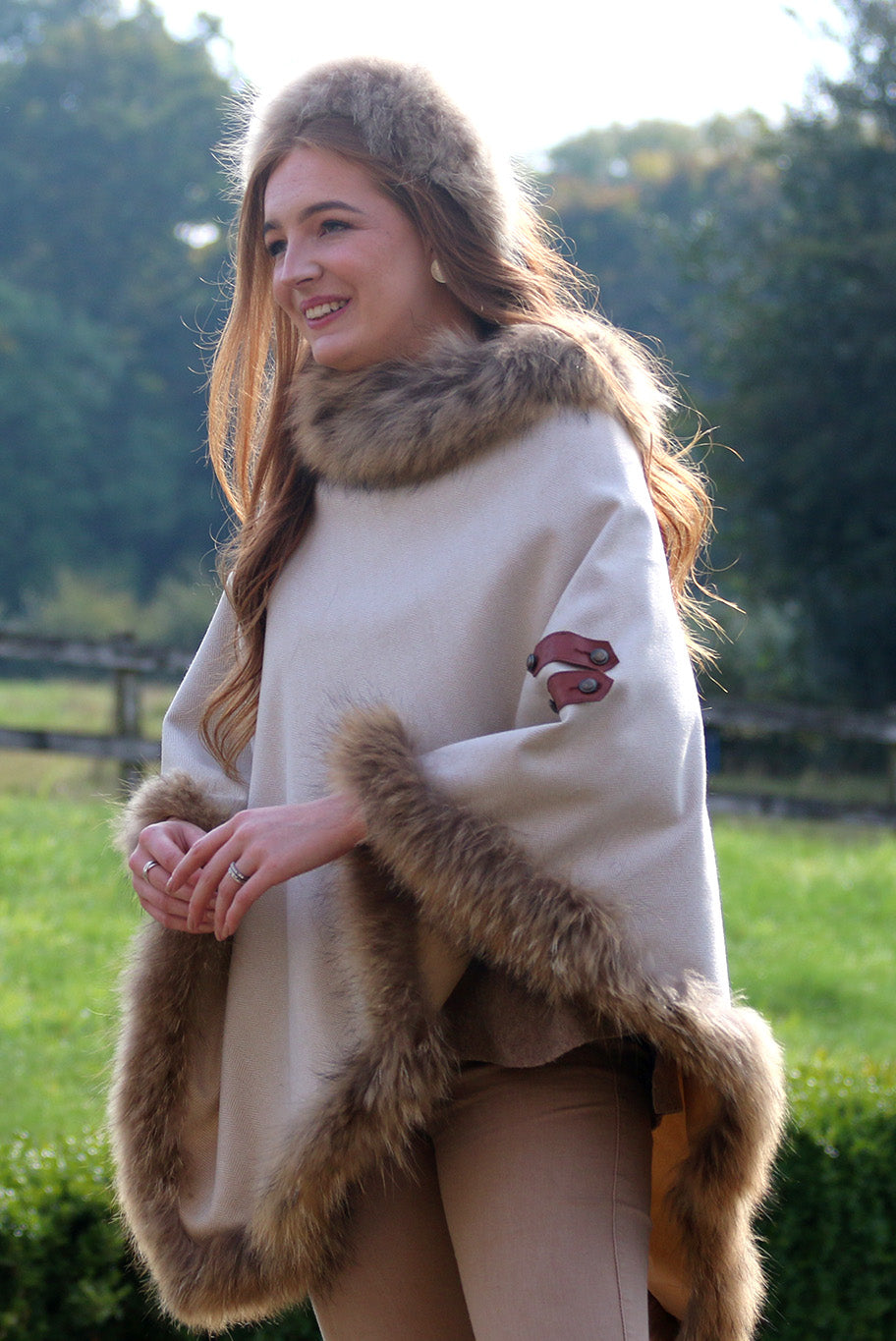 Classic Poncho style cape with reworked natural full fur trim