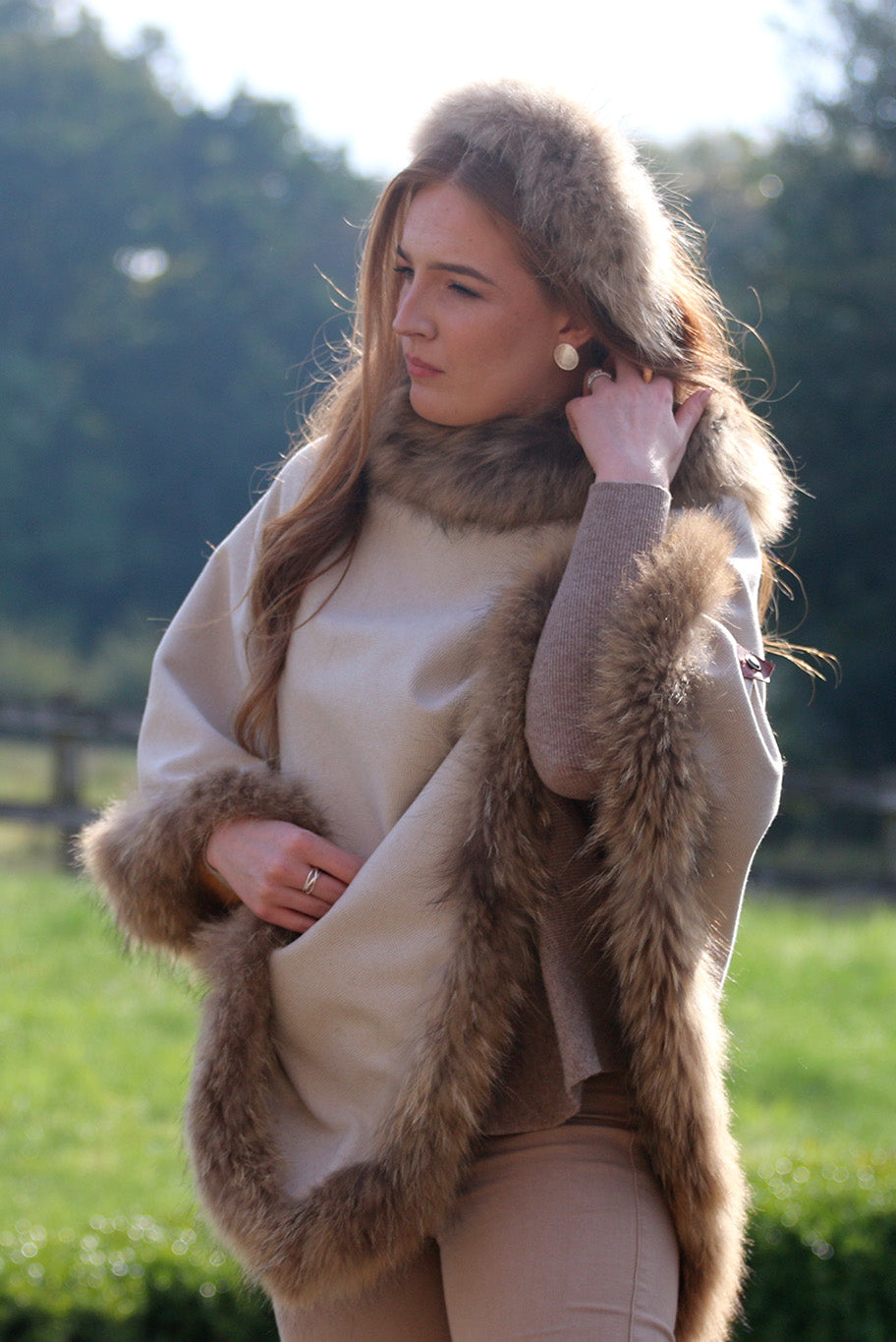 Classic Poncho style cape with reworked natural full fur trim