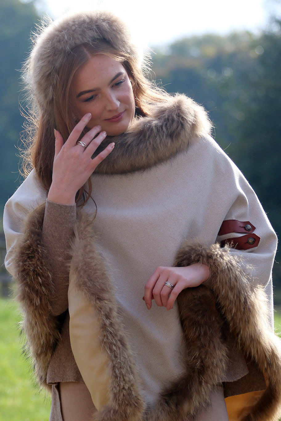 Classic Poncho style cape with reworked natural full fur trim