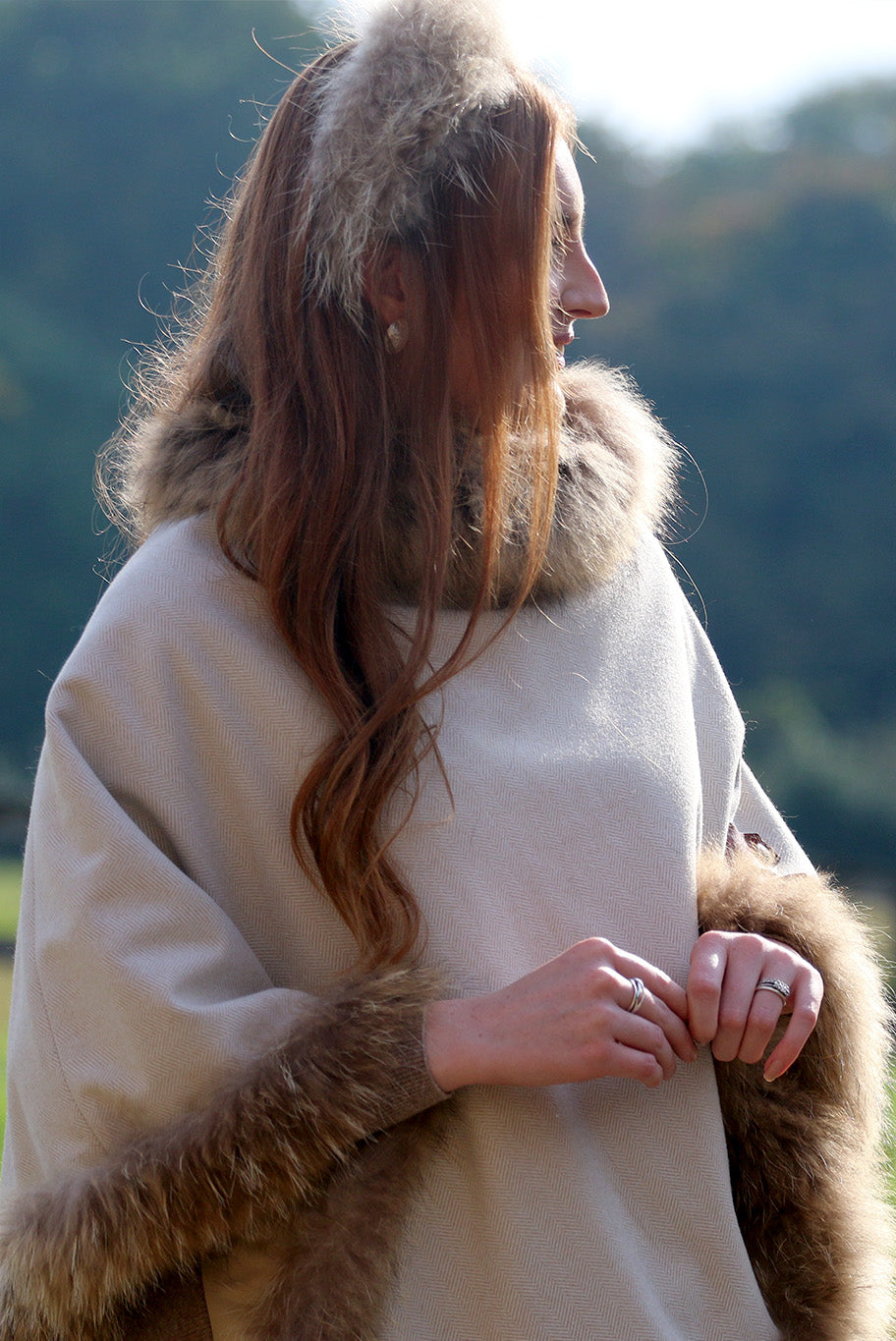 Classic Poncho style cape with reworked natural full fur trim