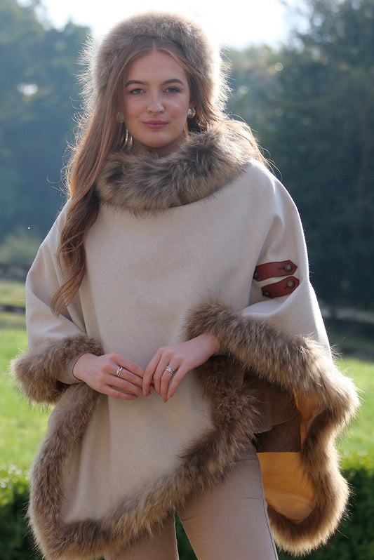 Classic Poncho style cape with reworked natural full fur trim