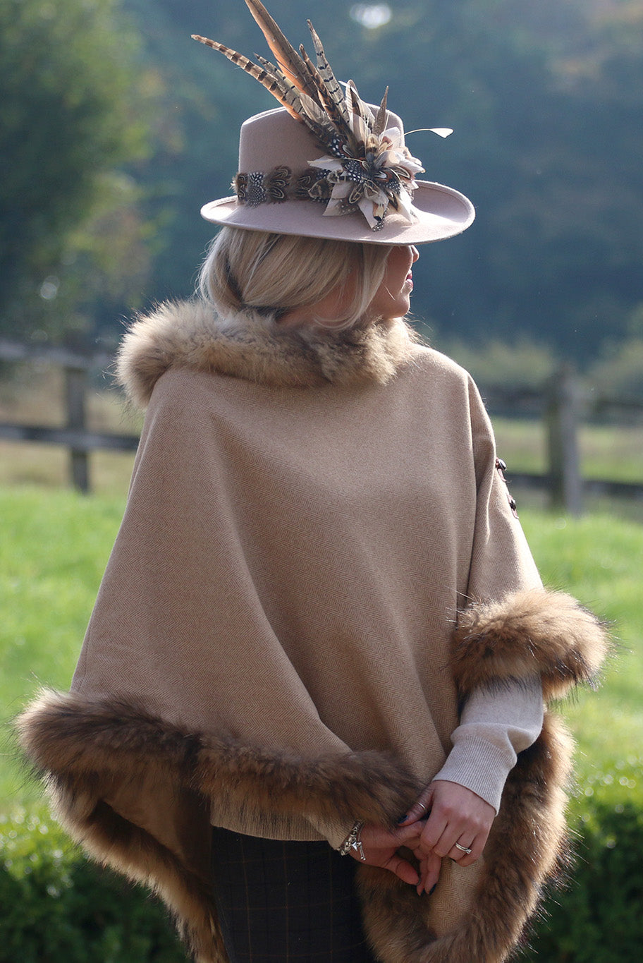 Classic Poncho style cape with reworked natural full fur trim