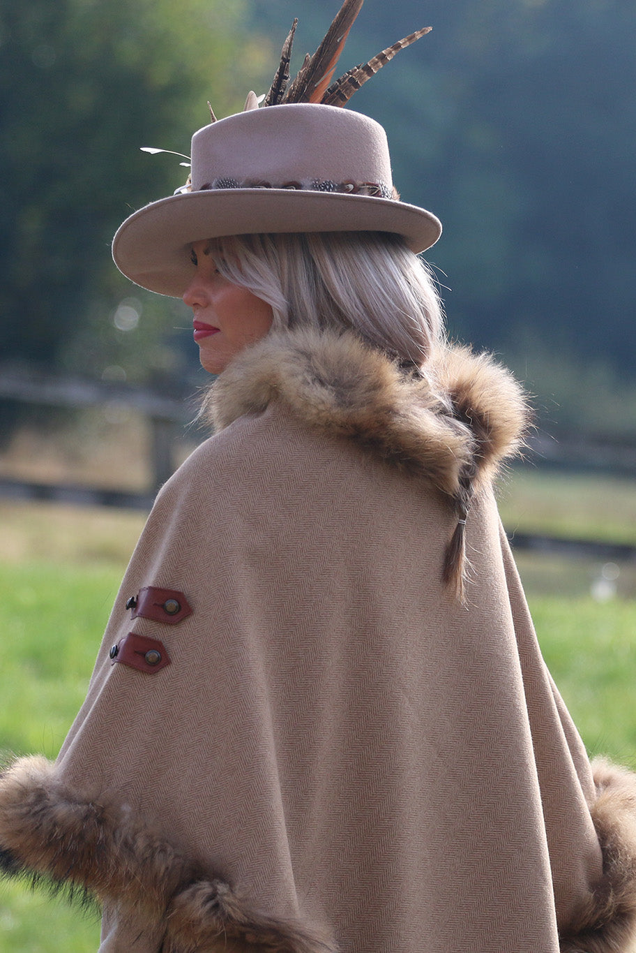 Classic Poncho style cape with reworked natural full fur trim