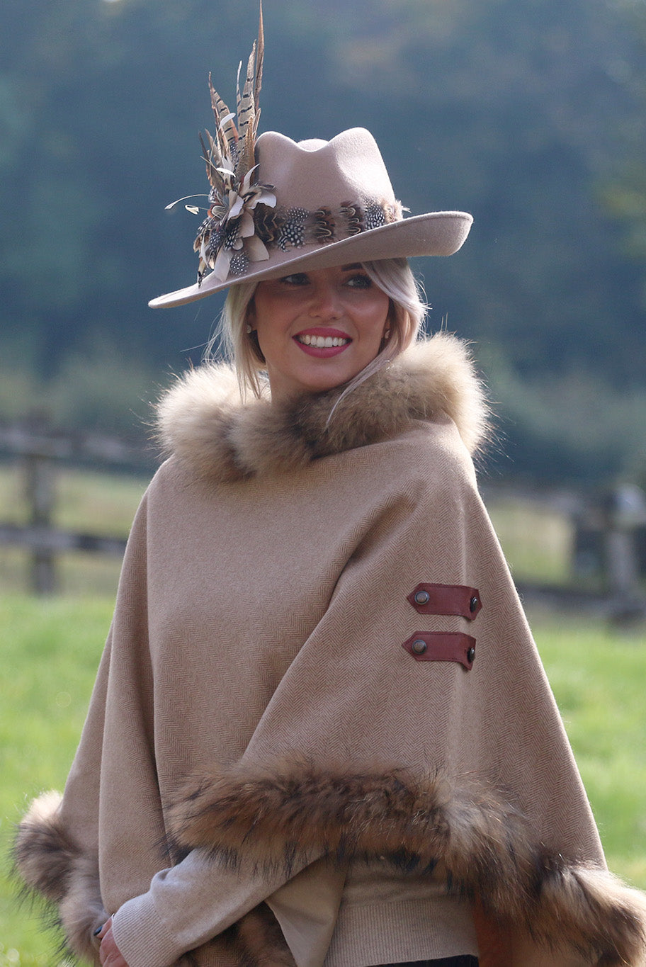 Classic Poncho style cape with reworked natural full fur trim