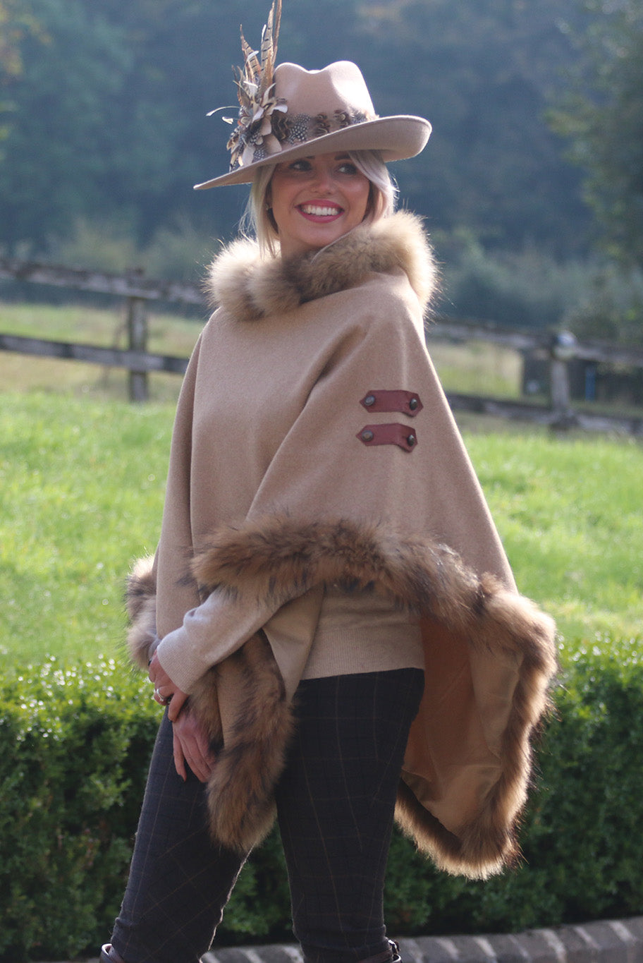 Classic Poncho style cape with reworked natural full fur trim