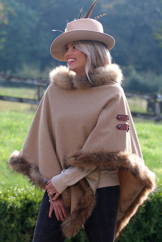 Classic Poncho style cape with reworked natural full fur trim