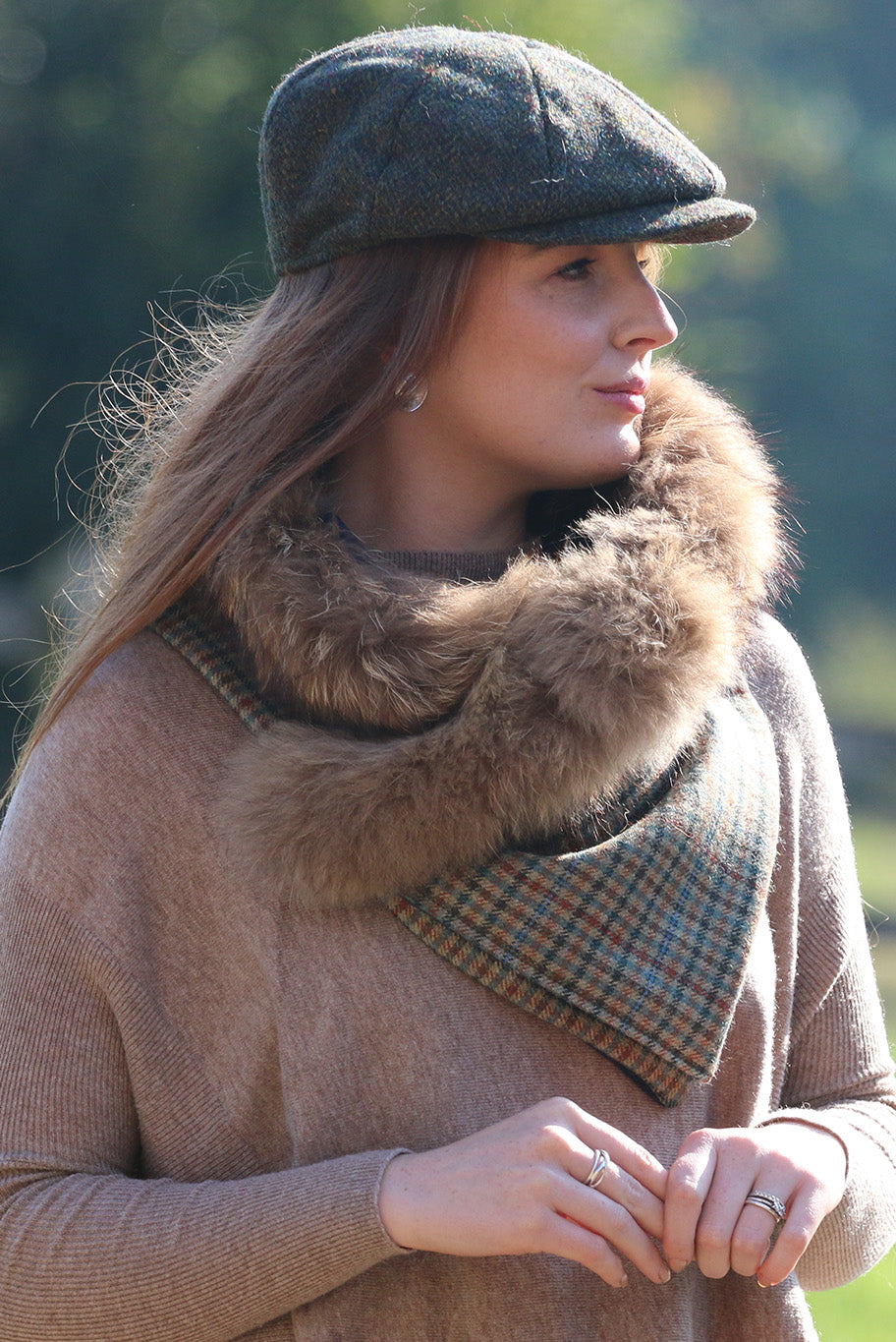 Handmade reworked Fur edged Cowl neckpiece in Lovat Tweed