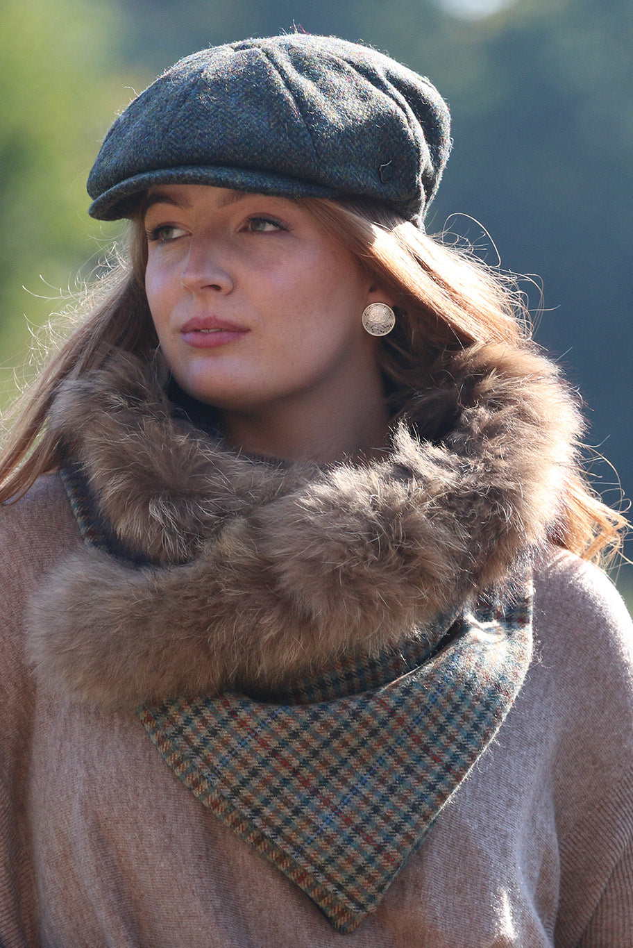 Handmade reworked Fur edged Cowl neckpiece in Lovat Tweed