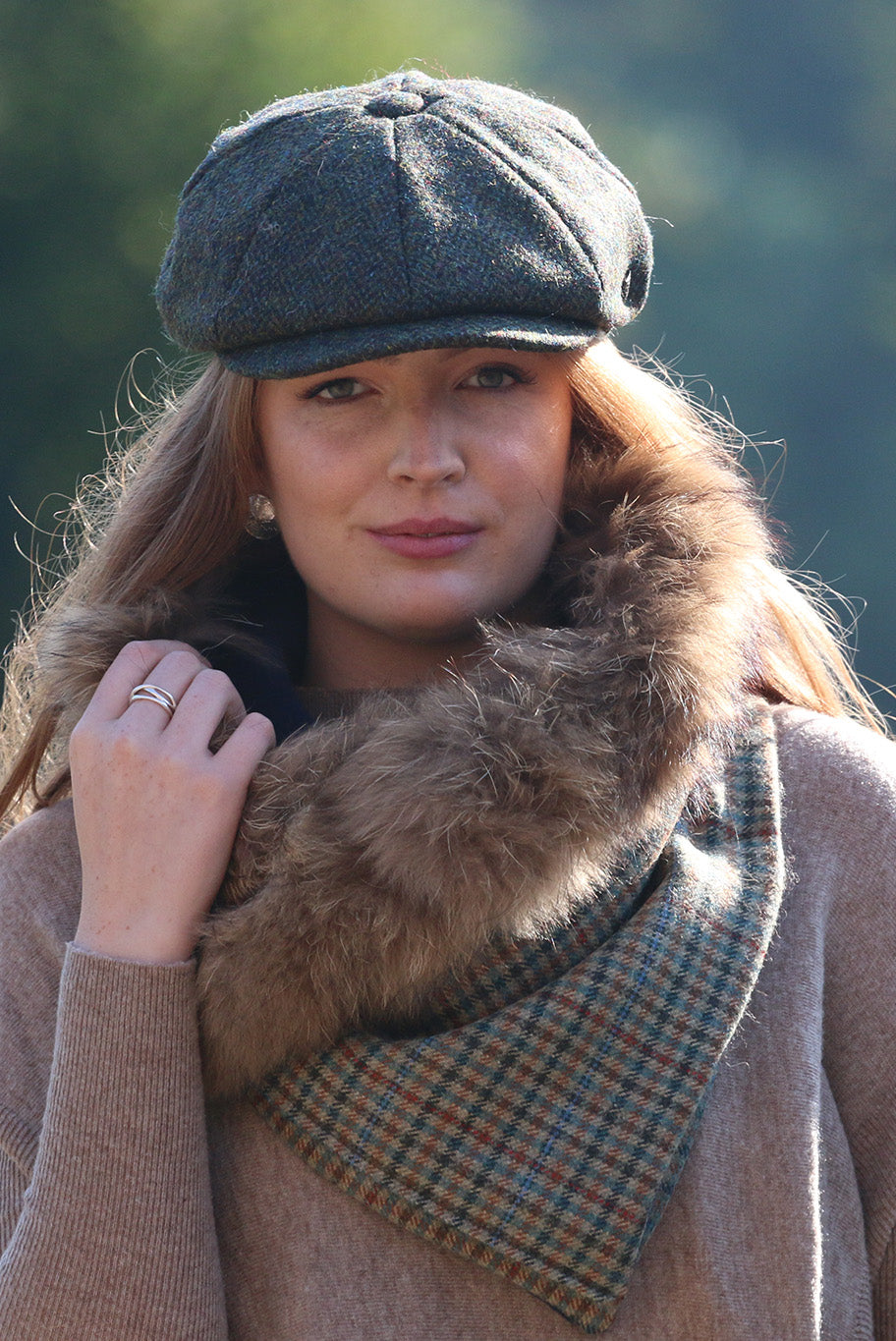 Handmade reworked Fur edged Cowl neckpiece in Lovat Tweed