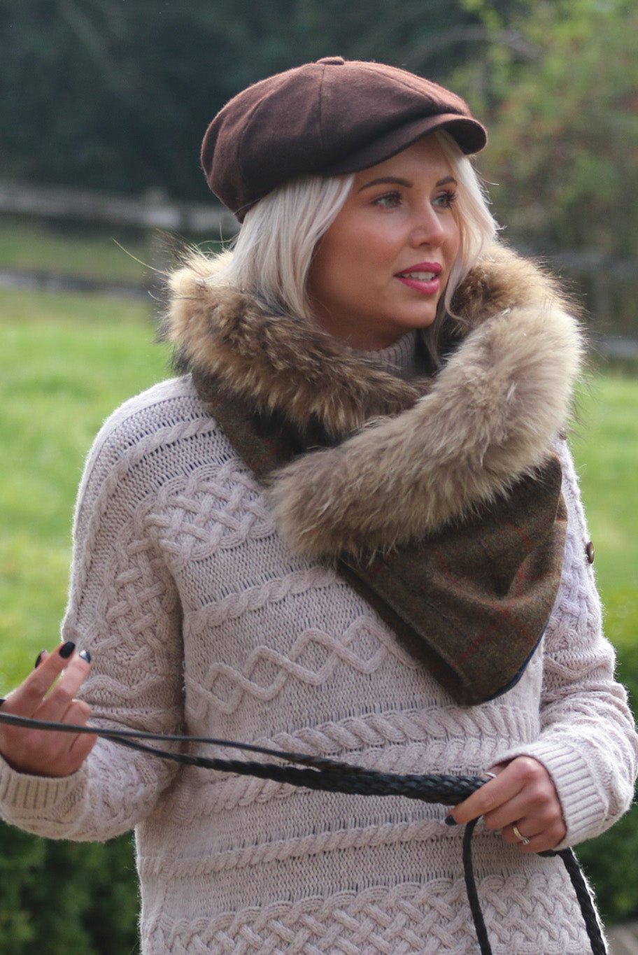 Handmade reworked Fur edged Cowl neckpiece in Dark Green Tweed