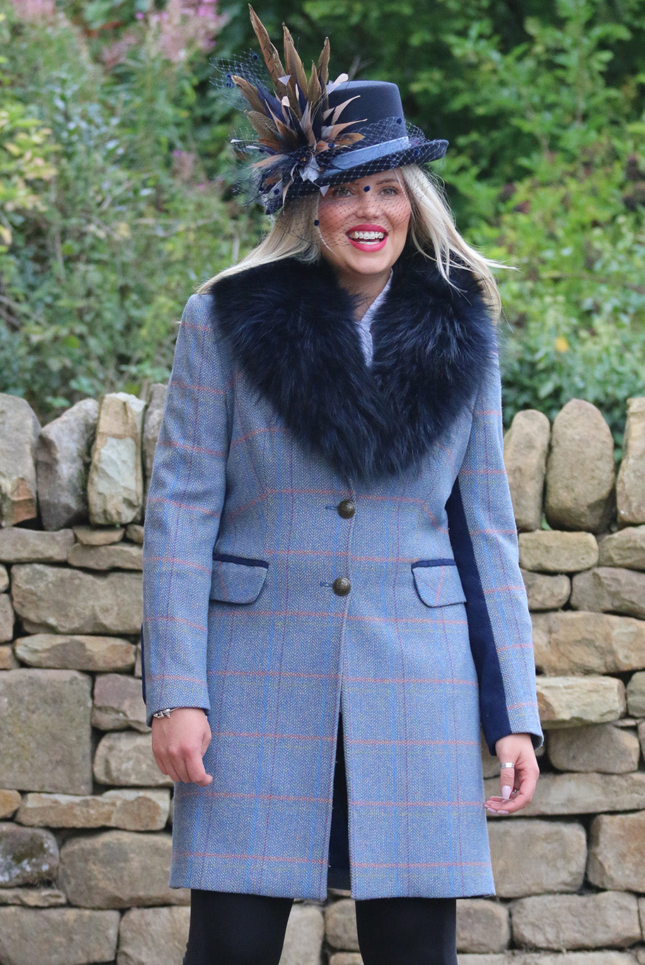 Tweed Wool Coat in Pale Blue with Navy detail